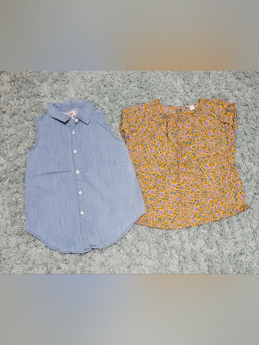 Light Blue Denim Top & Flower Short Sleeve Top